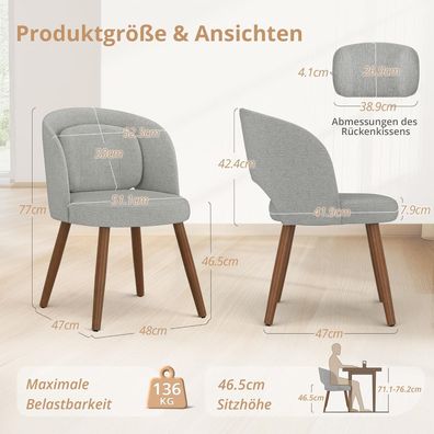 LUE BONA Esszimmerstühle 2er Set, Polsterstuhl mit Holzbeinen & Lendenkissen