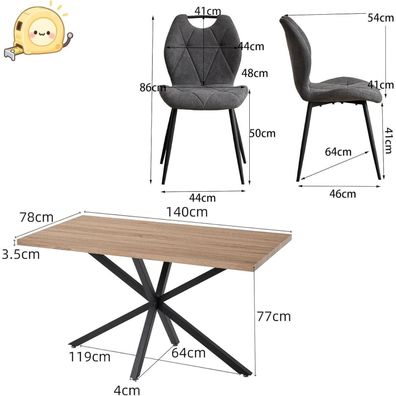 5-teiliges Esszimmer-Set: 140cm Esstisch mit 4 gepolsterten Stühlen (Helle