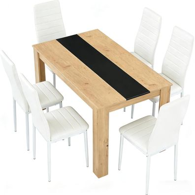 Zzinoke Essgruppe 6 Stühle Rechteckiger Tisch MDF Kunstleder Braun + Weiß