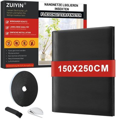 ZUIYIN Fliegengitter Fenster 150x250 cm - Insektenschutz ohne Bohren mit