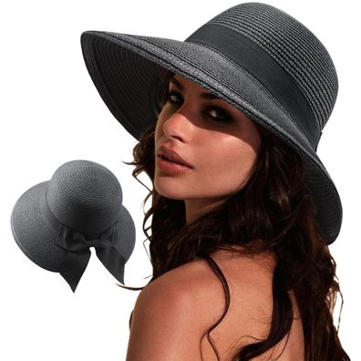 Dreshow Damen Sonnenhut Fedora, faltbar, Strandhut aus Stroh mit Schleife, UPF