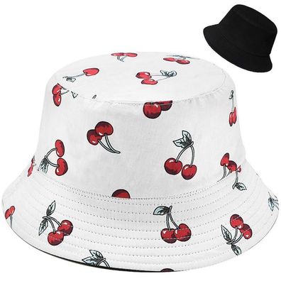 Malaxlx Damen Fischerhut Bucket Hat - Wendbar, Sommerhut, faltbar, Kirsche Weiß