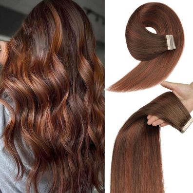 YDDM Tape Extensions Echthaar 20pcs 60cm Schokoladenbraun mit Dunkelrotbraun
