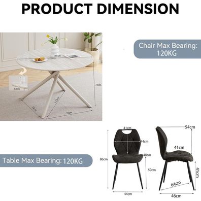 HJhomeheart Esszimmer-Set: Runder Tisch (115cm) mit 4 Leinen-Stühlen, Hellgrau