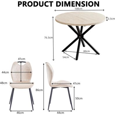 JZGORC 5-teiliges Esstisch- und Stuhlset, 100 cm runder MDF-Tisch mit 4 Dutch