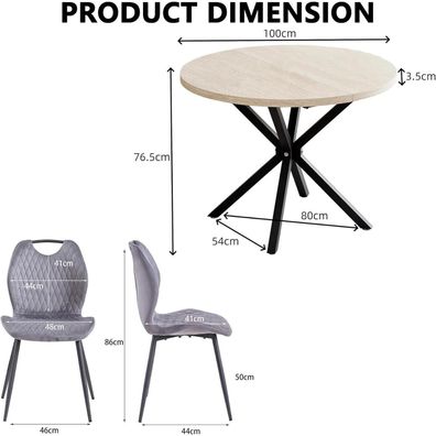 JZGORC 5-teiliges Esstisch- und Stuhlset, 100 cm runder MDF-Tisch mit 4