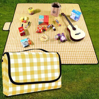 GUSUWU Picknickdecke 200x200 cm, wasserdicht, waschbar, leicht, mit Griff, gelb