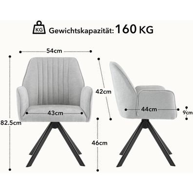 6er Set Esszimmerstühle drehbar mit Armlehne aus Chenille, 360° drehbar, bis