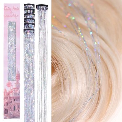 Wennalife Haar Lametta Clip In, 6 Stück Silber 60cm Glitzer Haarsträhnen für
