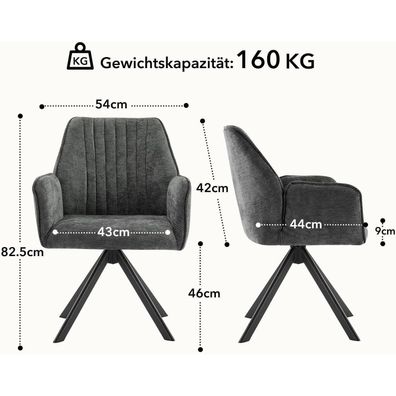 6er Set Esszimmerstühle Drehbar mit Armlehne, 360° drehbar, Polsterstuhl aus
