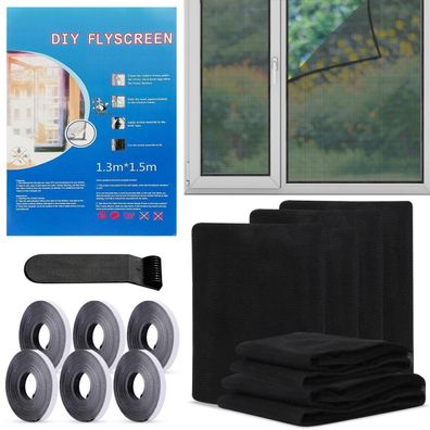 6x Fliegengitter Fenster 130x150cm Schwarz - Insektenschutz mit selbstklebendem