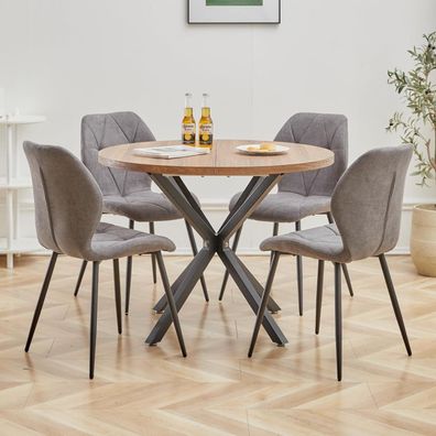 HJhomeheart Esstisch und Stuhlset Rund 100cm mit 4 Modernen Leinenstühlen