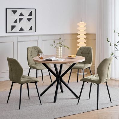 HJhomeheart Esstisch und Stuhlset, 100 cm Runder Esstisch und 4 Leinenstühle