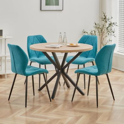 HJhomeheart Esstisch und Stuhlset, 100 cm Runder Esstisch und 4 Leinenstühle