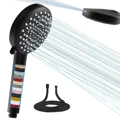 Sanycasa Duschkopf mit Filter, 7 Jet, Schlauch, Wassersparend, Schwarz