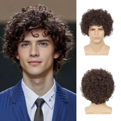 Herren Braun Kurz Lockig Afro Kinky Perücke Synthetische Faser für Cosplay und