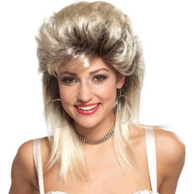Siudus Vokuhila Perücke Blond Damen Locken 70er 80er Jahre Vintage Cosplay