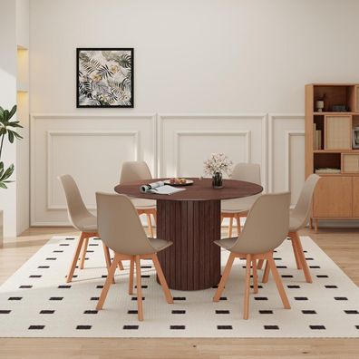 HJhomeheart 120 cm runder Esstisch mit 6 Esszimmerstühlen, nordisches Design