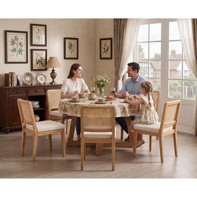 chairus 4er Set Esszimmerstühle Chenille mit Rattan Rückenlehne, Retro Holz