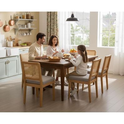 chairus 4er Set Esszimmerstühle Chenille mit Rattan Rückenlehne, Retro Holz