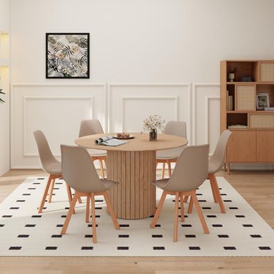 HJhomeheart 120 cm runder Esstisch mit 6 Esszimmerstühlen, nordisches Design
