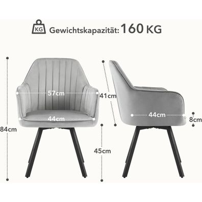 Ckaff Esszimmerstühle Drehbar mit Armlehne 6er Set, 360° drehbar, Samt, Hellgrau