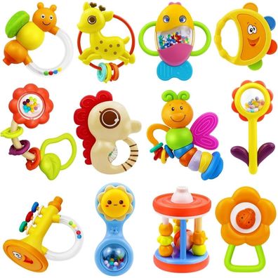 Moontoy Baby Rassel Beißring Set, 12-teilig, Greifling Motorikspielzeug für