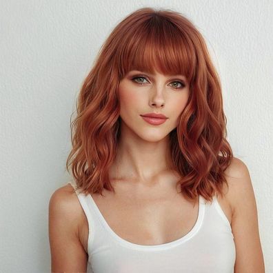 Yeeshedo Damen Perücke Kupferrot Kurz Bob mit Pony Locken Natürlich 14 Zoll