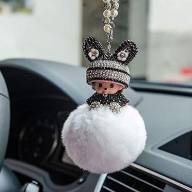 Bling Strass Rückspiegel Ornament - Süße Puppe Plüsch Ball Auto Hängende
