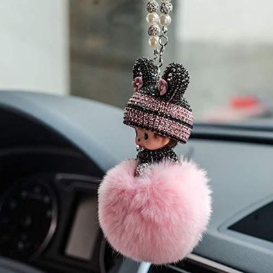 SYSUII Rückspiegel Anhänger, Bling Strass Puppe Plüsch Ball, Niedlicher Auto