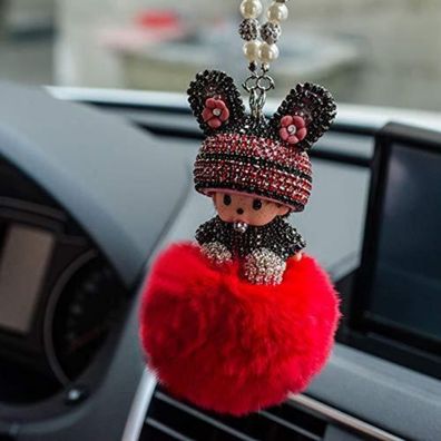 SYSUII Bling Strass Rückspiegel Anhänger Süße Puppe Plüsch Ball Auto Hängende