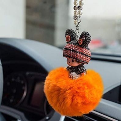SYSUII Bling Strass Rückspiegel Anhänger, Süße Puppe Plüsch Ball Auto Hängende