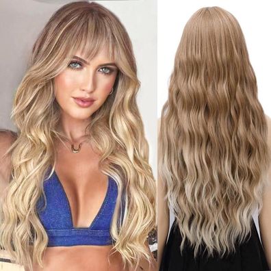 Yeeshedo Damen Lang Wellig Lockige Perücke Braun Gemischt Blond Ombre mit Pony