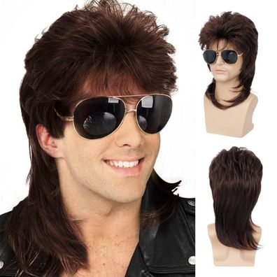 Herren Vokuhila Perücke Braun Lockig 70er 80er Cosplay Kostüm Halloween Perücke