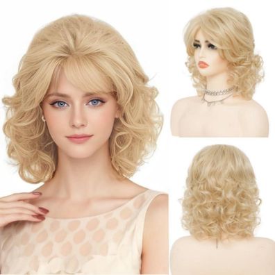 Damen Blonde Kurze Lockige Perücke mit Bangs - Schulterlänge Retro 70er/80er