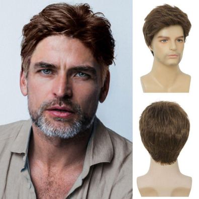 Herren Kurze Braune Perücke Gerade Seitenteil Schicht Naturhaar Synthetische