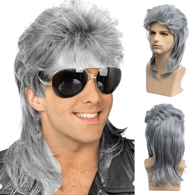 Qnbiar Silbergrau Mullet Perücke Herren 80er Jahre Lang Punk Rock Synthetische