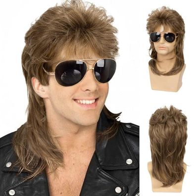 Herren Vokuhila Perücke Hellbraun Lockig 70er 80er Retro Cosplay Kostüm Rocker