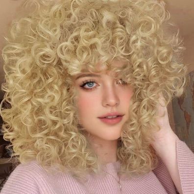 Damen Blonde Afro Locken Perücke mit Pony - Kurze Kinky Synthetik Haar Perücke