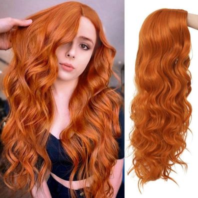 Orange Lange Lockige Wellige Perücke für Frauen, Kupfer Rot, Synthetik