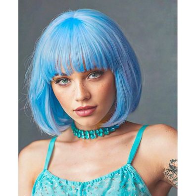 Yeeshedo Damen Hellblau Bob Perücke mit Pony, Hitzebeständige Synthetikfaser