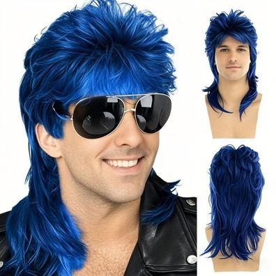 Qnbiar Mullet Perücke Herren 70er 80er Halloween Cosplay Kostümparty Blau