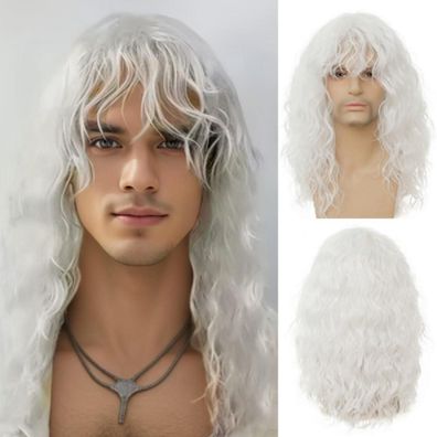 Herren Perücke Weiß Lang Lockig mit Pony - 70er/80er Jahre Rocker Punk Look