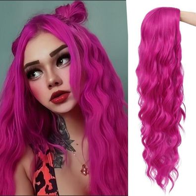 Siudus Damen Perücke: Lange, heiße rosa, lockig gewellte Kunstfaser, ideal für