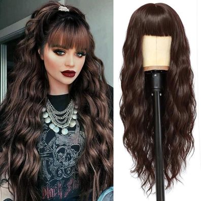 Damen Perücke Dunkelbraun Lang Wellig Lockig mit Pony, 28 Zoll, Natürlicher Look