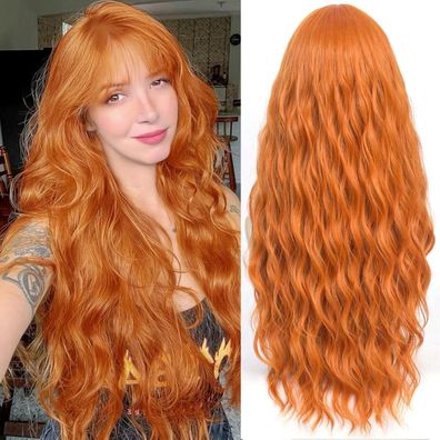 Damen Perücke Lang Lockig Orange Rot mit Pony, Natürlich Lange Locken Ingwer