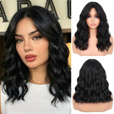 WIGNEE 14 Zoll Schwarze Kurze Wellenperücke mit Pony - Synthetische Bob Perücke