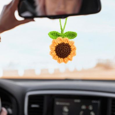 Jeffdad Gehäkelte Sonnenblume Rückspiegel Anhänger, Handgestricktes Auto