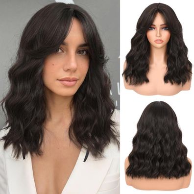 WIGNEE 14 Zoll Damen Kurze Wellenperücke mit Pony Dunkelbraun - Synthetische