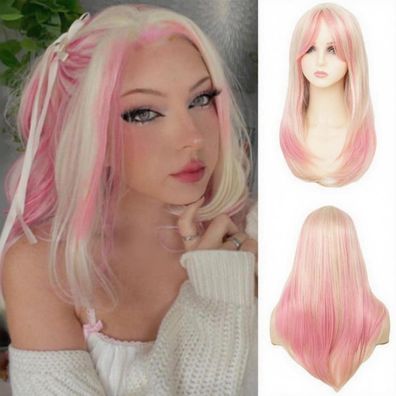 Salaibs Rosa & Blond Gerade Lange Synthetik Perücke mit Pony für Cosplay